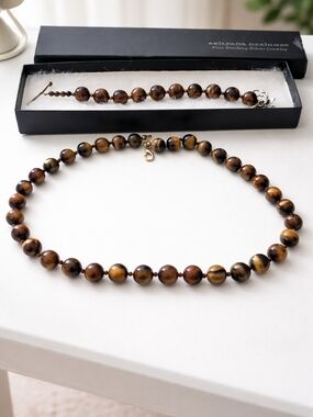 Silpada Tiger Eye Necklace & Bracelet Set 925 Sterling Silver Gold Plated 13" 8"